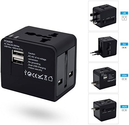 Travel Adapter, Deepow Worldwide All in One Universal Travel Charger Adapter Wall AC Power Plug Adapter Charger with Dual USB Charging Ports for USA EU UK AUS Cell Phone Laptop - Black