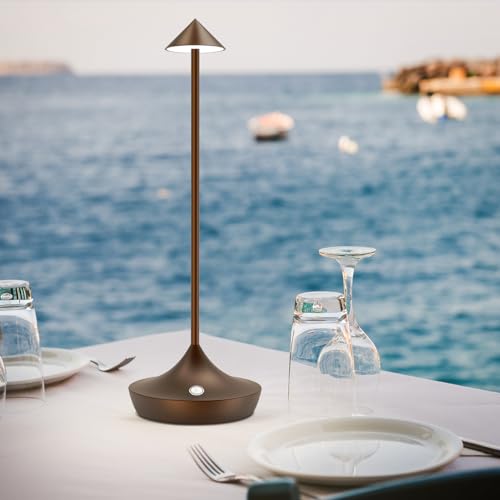 Hapfish Wireless Rechargeable LED Table Lamp, 6000 mAh Outdoor Touch Desk Light, Modern Design Metal Table Lamp, Waterproof, Dimmable, for Bedside, Interior, Patio, Restaurant (Brown)
