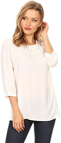 April Women's 3/4 Sleeve Solid Casual Pearl Necklace Blouse Top (X-Large, White)