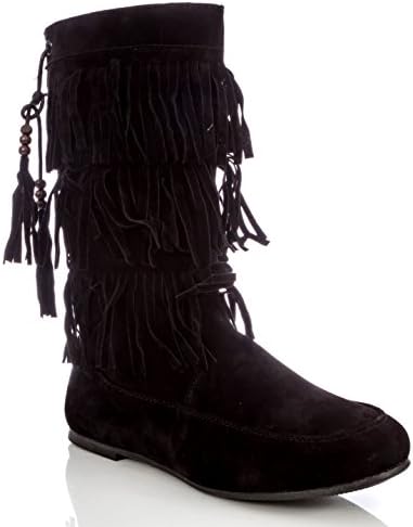 Pink Label Girl's Slip-On Three-Layer Fringe Boot With Beaded Tassels In Black Size: 10