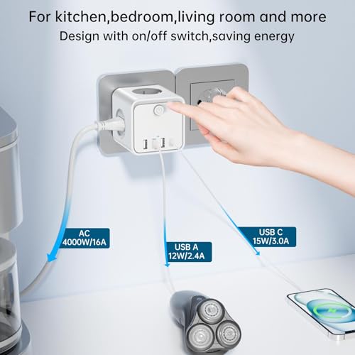 7en 1 Ladron Múltiples Tomas USB,Ladron Enchufes Múltiple con 2 Europea y 1 Toma Schuko CA Regleta, Enchufe Multiple Pared con Interruptor, Enchufe USB para Oficina, Cocina y Habitación