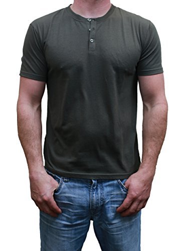 Henley Mens  Short Sleeve TShirt with 3 Buttons, Solid Olive, Large