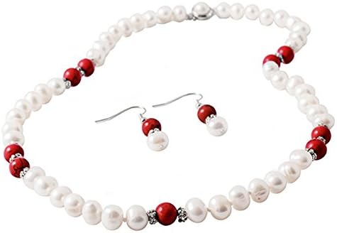Julie Jewelry | Pearl Set Earrings &amp; Necklace | ND0001 (Red)