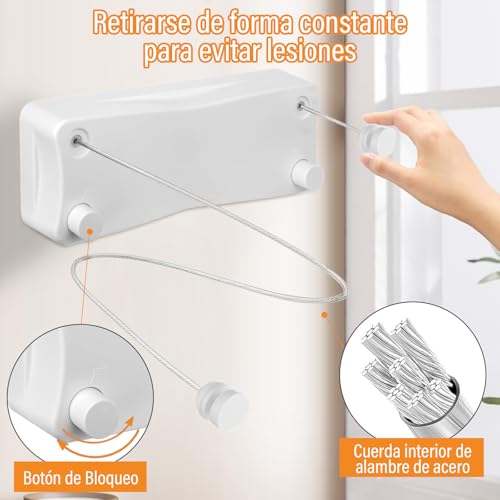 KIROGILY Tendedero Retractil Pared con 4 Pinzas para Ropa, Tendedero para Ropa Exterior Interiores, Tendederos Retractiles Ajustable 5.2 M, Capacidad de 25 KG, Ahorra Espacio, Fácil Instalación