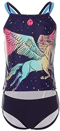 iDrawl Girls Tankini Set Unicorn Printed Two Piece Swimming Costume X Back UPF 50 Bathing Suit for Age 6 to 14