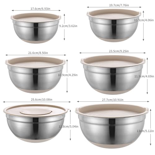 Beauenty Mixing Bowls with Lids Set, 6 Piece Stainless Steel Nesting Storage Bowls for Kitchen, with 3 Grater Attachments & Non-Slip Bottoms, Size 18, 20, 22, 24, 26, 28CM