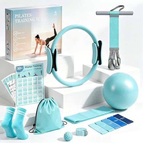 Pilates Essentials Kit for Women, Pilates Kit for Home Workouts with Pilates Ring, Mini Ball, Resistance Bands, Pedal Resistance Band, Yoga Strap, Socks, Bag, Pilates Equipment for Starter, Beginners