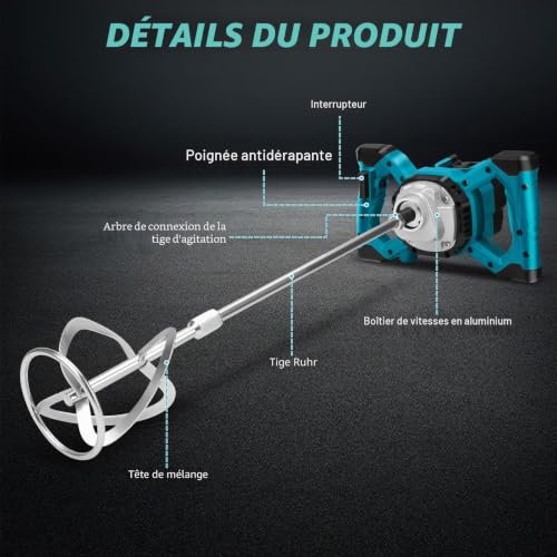 Mortar Mixer Compatible with Makita Battery, 3200W Color Mortar Beater, Max 680RPM, Electric Paddle Mixer with 6 Speed, 2 Mixing Rods (No Battery)
