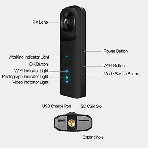 KAMRE 360 Degree Camera VR 30fbs HD Point and Shoot Digital Cameras 3D Panoramic Digital Video Wide Angle Fisheye Lens Free App for Iphone Android