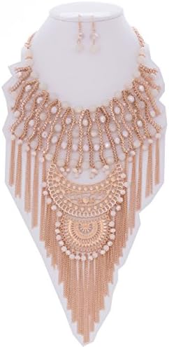 {CN0980 StyleNo1} WOMEN'S FASHIONABLE MULTI-MEDIA BIB NECKLACE W TASSEL DROPS NECKLACE AND EARRINGS SET - Designed In USA (GOLD IVORY)