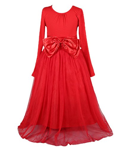 Kids Girls Princess Bow Dresses Long-sleeve Net Yarn Wedding Red