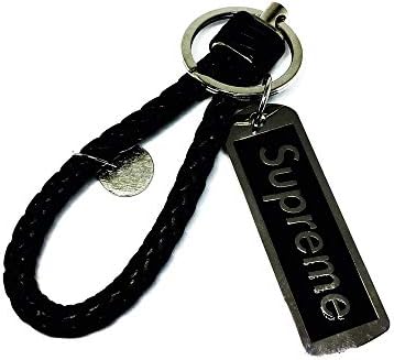 Supreme Key chains Braided Leather Woven Tide Metal Ring Paint Strap Sup Charms (Black)
