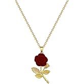 Red Velvet Rose Flower Pendant Necklace for Women 14K Gold Plated Stainless Steel Crystal Leaf Blossom Charms Choker Chain Adjustable Necklaces Dainty Anniversary Wedding Birthday Jewelry 18"
