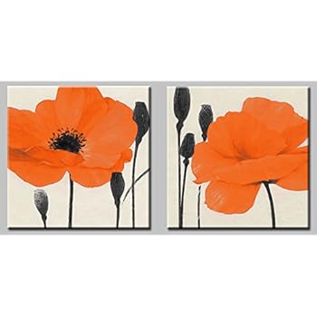 Decor Well 2 Pieces Modern Orange Floral Prints Canvas Art Wall Decoration, Poppies Wall Decor