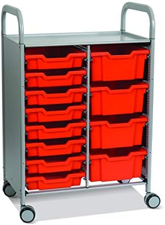 Gratnells Callero Plus Double Trolley, Stylish, Modern, Mobile Storage Unit/Cart with curve handles and 8 Shallow Trays and 4 Deep Trays in Tropical Orange
