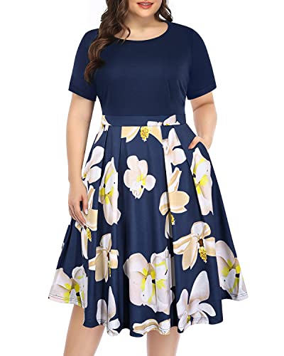 Pinup Fashion Plus Size Modest Dress Semi Formal Summer Floral Work Dress at Amazon