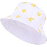 GSHLLO Double Sided Daisy Bucket Hat Reversible Fisherman Hat Wide Brim Sun Hat Aesthetic Sun Cap Cute Beach Hat White