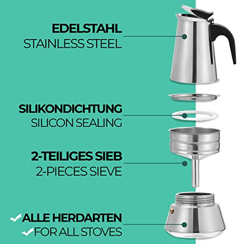 Cosumy Espressokocher Induktion geeignet - 6 Tassen - Edelstahl - Set mit Dosierlöffel und Bürste - 300 ml – Bild 5