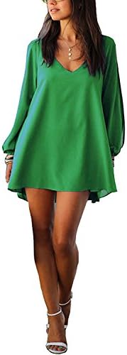 ZAGWDE Womens V-neck Loose Irregular Hem Summer Chiffon Short Beach Dress GreenLarge Great