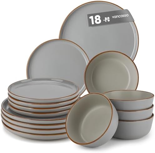 vancasso Reno Stoneware Dinner Set for 6, 18 Pieces Plates and Bowls Set with Dinner Plates, Dessert Plates & Cereal Bowls, Grey Speckled Crockery Set, Chip & Scratch Resistant
