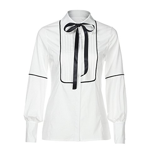 Gyouandme Women Uniform Long Lantern Sleeve Office Work White Basic Buttons Bow Tie Blouse Top (S, White)