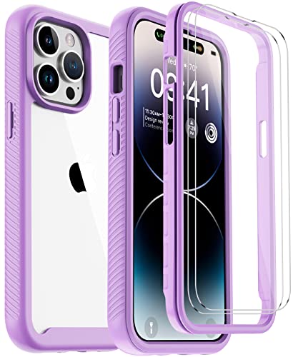 Annymall for iPhone 14 Pro Max Clear Case with 2 Screen Protector,Heavy Duty Shockproof Drop Protection Phone Cover Rugged Durable Full Body Bumper Hard Case for Apple iPhone 14 Pro Max (Purple/Clear)