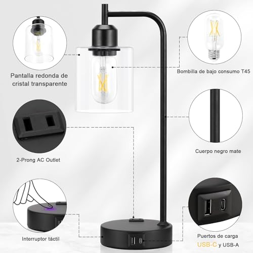 Lámpara de Mesa y Buró táctil, Lámparas de Mesa con 2 Puertos USB (A+C) y 1 Salidas de CA, 3 Niveles de Brillo, Lámpara de Escritorio para Dormitorio (bombilla incluida) (1 piezas)