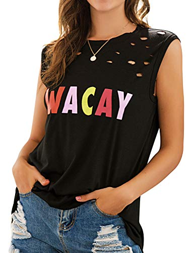 MYMORE Women\'s Ripped Letter Graphic Tank Tops Summer Distressed Sleeveless Tee Shirts Blouse Black,S