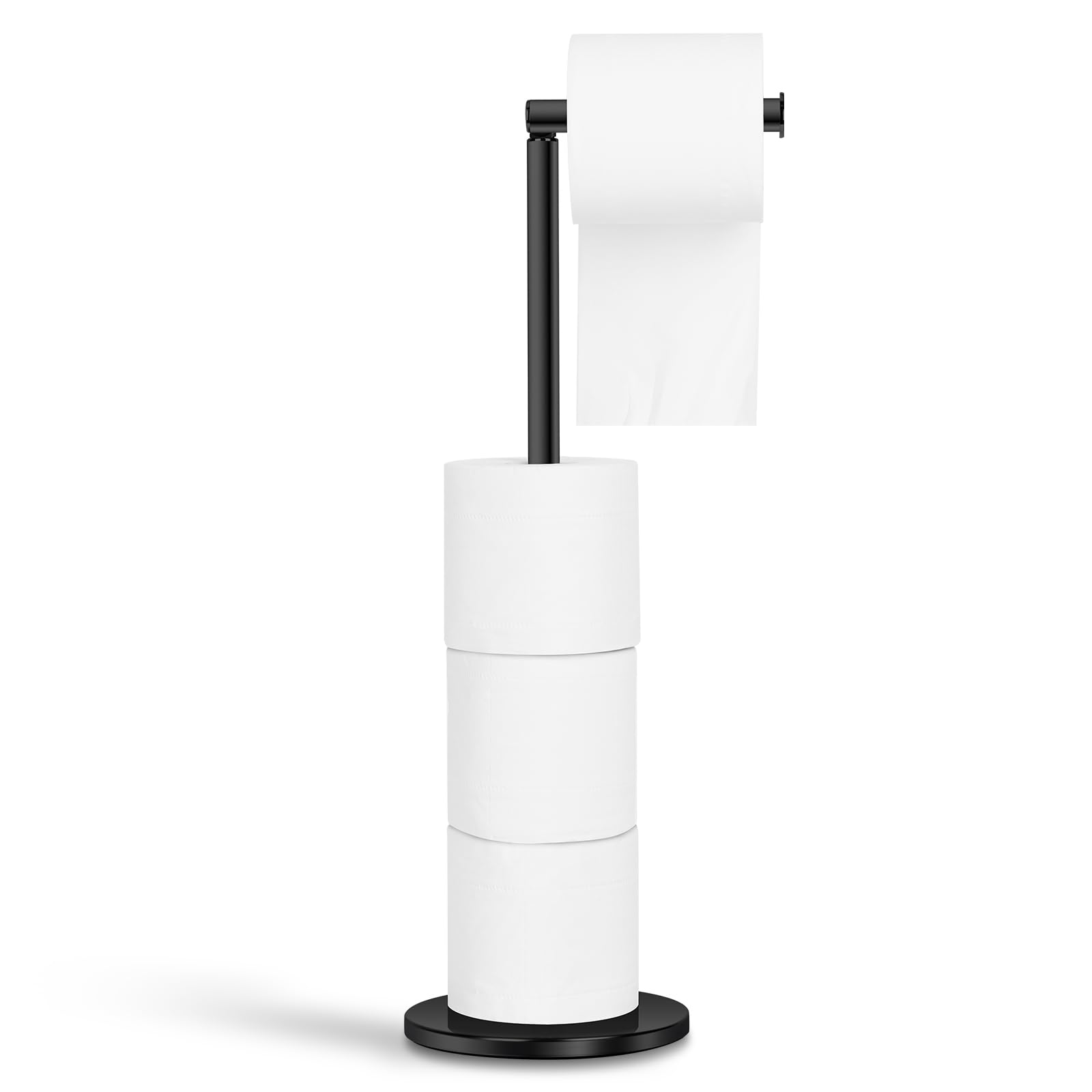 Black Toilet Roll Holder Free Standing Toilet Paper Holder Stand with Reserve, Stainless Steel Anti Rust Freestanding Toilet Tissue Roll Dispenser Holds 3-4 Paper Rolls, Bathroom Storage (1, Black)