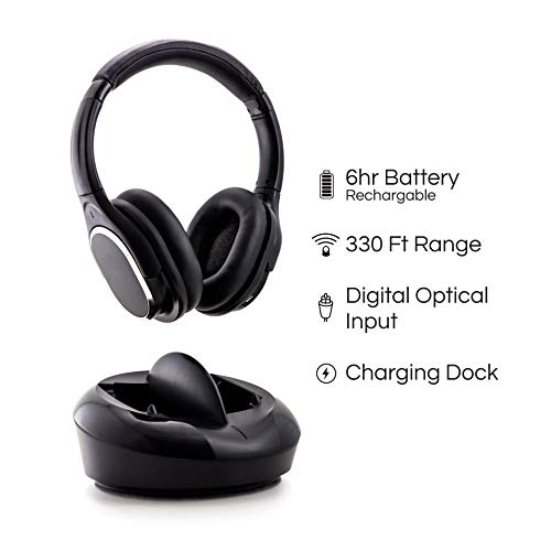 Wireless TV Headphones with Charging Dock | Over-Ear RF TV Headset | 2.4GHz Transmitter + 330 ft. Max Signal Range |Light Weight & Extra Padding for Superior Comfort| Easy Set Up | 6 Hour Battery Life