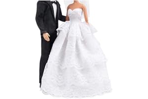 E-TING Wedding Pack, Beautiful Gown Bride Dress Clothes with Veil and Groom Formal Outfit Business Suit for Girl and Boy Doll