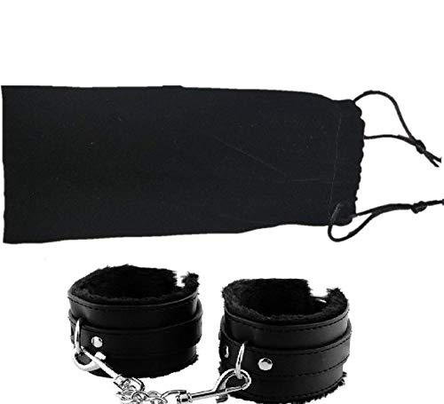 Luxarra Handcuff, Durable Leather Adjustable Handcuff, Super Soft Fur Handcuff, Multi Functional Handcuff with Velvet Pouch, (Black) - Thumbnail 2