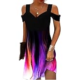 Black Pink Purple L Summer Dresses for Women 2024 Cold Shoulder V Neck Vintage Print Cami Dress Beach Vacation Boho Mini Sundress