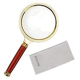 BASUNE 10X Handheld Magnifier, Reading Magnifier Loupe Glasses 10X with Rosewood Handle for Book and Newspaper Reading, Insect and Hobby Observation, Classroom Science (Metal Frame)