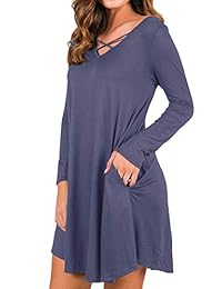 QIXING - Vestido de manga larga con cuello en V para mujer, diseño de cruz