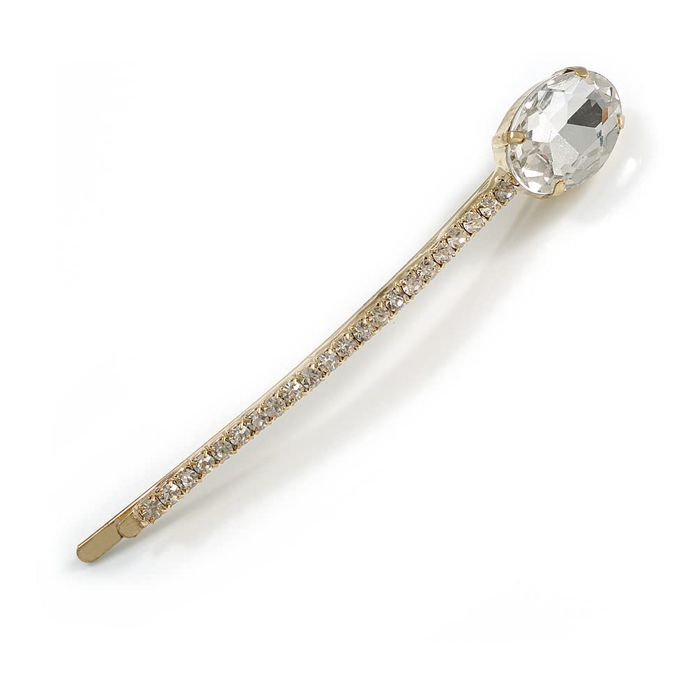 1Pcs Long Clear Oval Glass Stone Hair Grip/Slide In Gold Tone/ 85mm Across