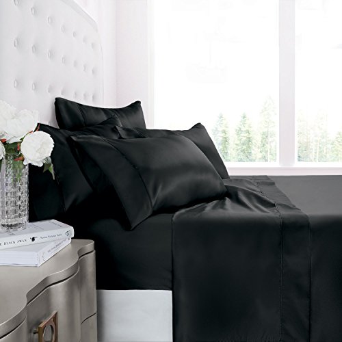 Egyptian Luxury Silky Soft Satin 4-Piece Bed Sheet Set - Ultra Smooth Satin Microfiber - Wrinkle and Fade Resistant, Hypoallergenic Sheet and Pillow Case Set - Queen - Black