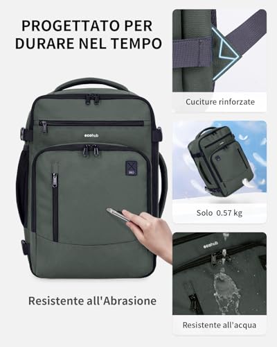 ECOHUB Ryanair Ryanair Backpack 40 x 20 x 25 cm Hand Luggage 40 x 20 x 25 cm Ryanair Travel Backpack Travel Bag Eco Recycled PET Tote Bag 20 Litres, Patented Military Green