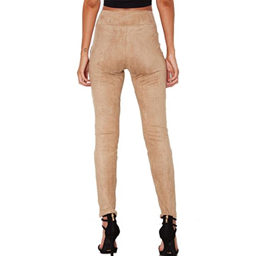 Kshion Women Suede Leather Bandage Skinny High Waist Hollow Out Sexy Piece Pants (M, Khaki) - Thumbnail 5