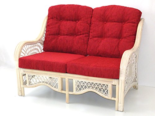 Lounge Loveseat Malibu Sofa ECO Natural Handmade Rattan Wicker with Red Cushions Color White Wash