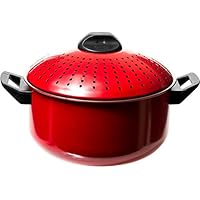 Dj_siphraya Pasta Pot With Strainer Lid .Red Color. Made of Carbon Steel, Metal.Non-Stick. Size: 6 Quart, 10":Diameter, 8" height. 2 Quart,7" :Diameter, 5"height. Lid as a pasta strainer. Set of 2.