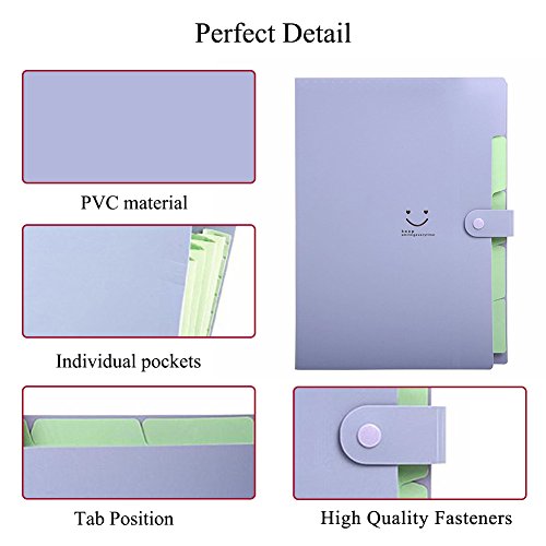 Expandable Letter A4 Paper File Folder 5 Pockets Plastic Folder Document Organizer With Snap Closure for School And Office (Purple)