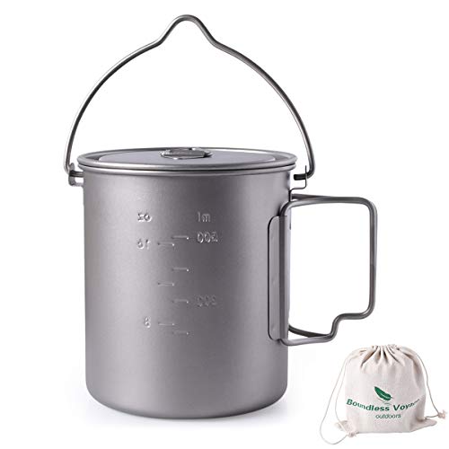 iBasingo 750ml/ 900ml/1100ml Titanium Hanging Pot with Lid Collapsible Foldable Bail Handle Outdoor Camping Drinking Cup Cookware