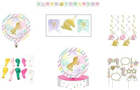 Unicorn Party Decorations (Banner, Balloons, Centerpiece, Dizzy Danglers, Photo Props) Unicorn Sparkle Themed Birthday Party Supplies, 6-Piece Bundle