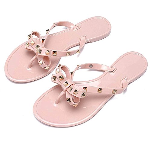 Utop Women’s Rivets Bowtie Flip Flops Jelly Thong Sandal Rubber Flat Slipper Summer Beach Rain Shoes Womens Gold Rivet Studded Bow Jelly Thong Flip Flop Sandals (US8.5=EU40=25CM, Beige)