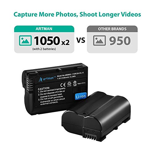 Artman 2Pack ENEL15/EL15A/EL15B/EL15C Battery 2100mAh and USB Dual