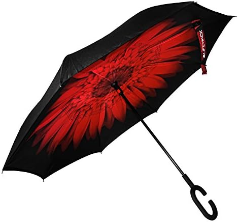 Inverted Umbrella by Mrlifehack, Best Auto Open Reverse Folding Windproof Travel Umbrellas, Double Layer, C-shape handle, Compact close, Perfect For Outdoor Sun UV Protection, Rain &amp; Golf (Red Flower)