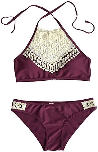 Coffeeroom Women's Lace Splicing Halter Padding Tank Bikini Set (M, claret-red)