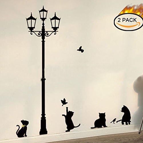 2 PACK Black Cat under Street Lamp Design Picture Art Peel &amp; Stick Wall Sticker DIY Vinyl Wall Decal