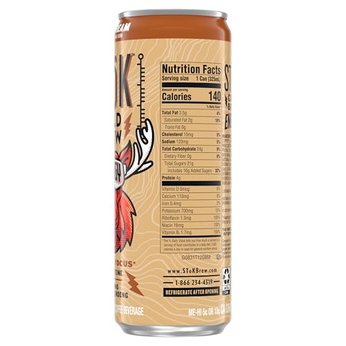 STOK COLD BREW ENERGY MOCHA CREAM, READY TO DRINK CANNED COFFEE WITH 195MG CAFFEINE TO HELP SUPPORT FOCUS, B VITAMINS, GUARANA AND GINSENG, 11 FL OZ